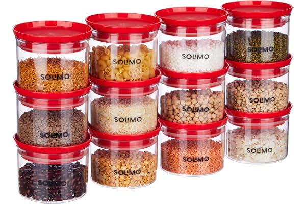 Amazon Brand - Solimo Plastic Storage Jar and Container Set I Air Tight & BPA Free Containers for Kitchen Storage Set I Grocery Kitchen Container Set I Multipurpose Jar, 500 Ml Each, Set 12, Red
