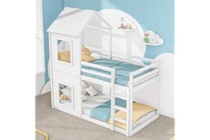 ‎FEZTOY FEZTOY Kinderbett 90x200 cm, Etagenbett für 2 Kinder, Hochbett mit Rausfallschutz, Baumhaus Stockbett für Jungen und Mädchen, Massivholz Einzelbett Spielbett, ohne Matratze, Weiß