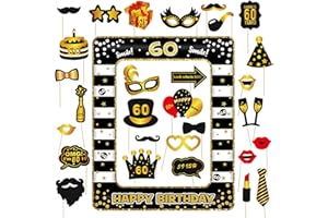 BATNITE Gold & Black 31pc 60th Birthday Photo Booth Props - Inflatable Selfie Frames, Party Pack for Women & Men