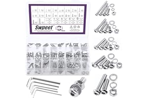 Swpeet 664Pcs M2 M3 M4 M5 M6 Métrico 304 de acero inoxidable cabeza de botón de enchufe hexagonal pernos de tapa tuercas y tuercas hexagonales con arandelas planas y arandelas de bloqueo dividido Kit