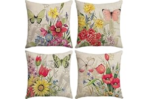 KSSKEN Fundas Cojines 45x45cm, Juego de 4 Fundas de Cojines Algodón Lino Decorativa Hogar Almohadas Fundas para Sala Sofá Cama Decoración para Hogar-Primavera