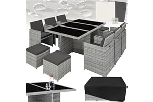 TecTake® Salon de Jardin Exterieur en Résine Tressée Poly Rotin Salon de Jardin Table 10 Personnes Fauteuil Exterieur Encastrable Aluminium, 2 Sets de Housses + Housse de Protection – Gris Clair