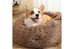 QOFLY Panier pour Chien 60CM Chau Peluche Lit pour Chat Anti Dérapant Lavable Rond en Moelleux Coussin Anti Stress Lit pour Chiens et Chats (Marron)