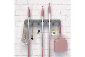 Mabel Home Mop and Broom Holder, 5 Auto Adjust Slots, 6 Hooks, Easy Install Wall Mount, Tools Hanger for Kitchen, Garden, Garage, Laundry Room, Office, Holds up to 20 kg (Grey)