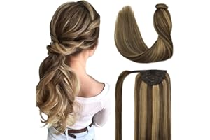DOORES Extension Capelli Veri, Balayage Marrone Cioccolato a Biondo Caramello 35cm 75g Estensione per Coda di Cavallo Clip in Dritto Estensioni per Capelli con Pasta Magica Wrap Around