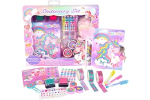 Pinkgarden Diario unicornio para niñas con cerradura y llaves, set de papelería unicornio con diario, Stamps, Stickers, Pens, Unicorn Journal Notebook Birthday Gift for Girls Kids Ages 4-12