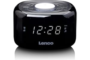 Lenco CR-12 Uhrenradio - Wecker mit Nachtlicht-Funktion - Easy Snooze - Sleep-Timer - Zwei Weckzeiten - 20 Senderspeicher - Anpassbare Helligkeitsregulierung - schwarz, 117 x 117 x 71 mm
