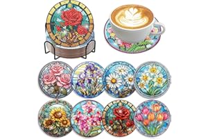 MRNSIET 8 Pcs Flowers Diamond Art Coasters Kits for Adults Begainners,Full Drill Diamond Painting Coasters Kit with Holder,DIY Gem Painting Craft Kits for Adults Supplies Gift (Flowers).