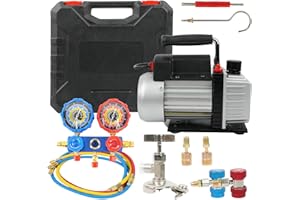 WUDLEP 3CFM Vacuum Pump and 3-Way Manifold Gauge Set Compatible with R32/R134a/R410A/R407C Refrigerants, A/C Refrigeration Kit, for HVAC Refrigerant Charging & Maintenance, Oil Not Included