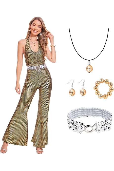 Mono Disco Años 70 Para Adultos – Traje De Fiesta Con Cinturón Plateado Y Cremallera Delantera