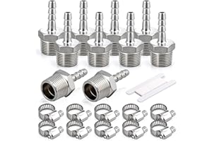 Bwintech 10 raccords à barbe pour tuyaux en acier inoxydable, filetage externe BSP 1/2 "x raccords à barbe 8mm et 10 pinces