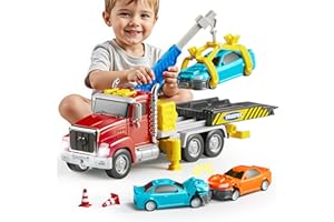 VROOMIX Tow Truck with 2 Cars,Kids Toys for 3 4 5 6 7 Years Old Boys,Tow Truck with 2 Transformation Cars and Multi-Functional Trailer,Crane Toy with Lights and Sounds,Toddlers Gifts