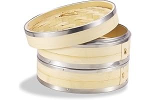 Supremery Cuiseur vapeur en bambou - 2 étages - 24 cm - Avec couvercle et 10 serviettes en coton - Panier vapeur en bambou avec bande en acier inoxydable - Pour riz, dim sum, légumes, viandes