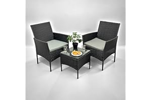 Direct Furniture Deals Rattan Wicker 3 Piece Patio Bistro Set with Glass Top Table, 2 Cushioned Chairs (Black)