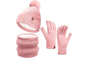 KULAMO Invierno Gorra Bufanda Guantes Set, Mujer Gorro de Beanie Pompón, Bufanda de Punto, Térmica Pantalla Táctil Guantes para Esquí Diario Deportes al Aire Libre Regalo de Invierno