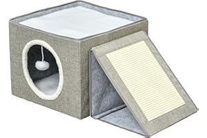 PawHut Cuccia per Gatti Pieghevole e Portatile, Casetta per Gatti con Pannello Tiragraffi, 2 Cuscini e Pallina, in Peluche e Tessuto Grigio