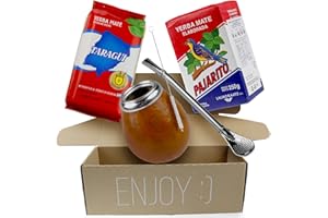 YERBEE Yerba Ensemble de thé à maté Pajarito traditionnel 250 g + Taragüi traditionnel 250 g | Tasse à maté en citrouille faite main – Calebasse | Bombilla | brosse de nettoyage La