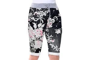 Love My Fashions® Women's Italian Shorts Ladies Summer Cotton Turn-Up 3/4 Cropped Printed Trousers Elasticated Drawstring Knee-Length Denim Magic Shorts