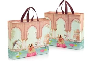 Lavya Large Size Pack of 10 Pcs Reusable Non-Woven Laminated Gift Bags, Wedding Gifts, Shagun, Traditional Gifting, Saree Mithai Chandi Carry Bag (Wedding Special MultiColor, L-16x14x4)