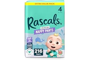 Rascals CoComelon Nappy Pants丨Size 4丨4 Jumbo Poly Pack x 54 Nappies丨Total 216 Nappies丨UltraFlex 360° Waistband丨Softness Using AirSpun丨breathable Feather-Soft (Size 4)