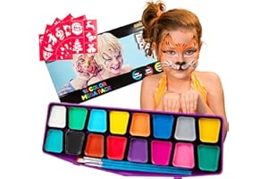 Colorful Art Co. Kids Face Paint Kit - Set of 16 Water-Based Professional Body and Face Paints w/ 3 Painting Brushes & 30 Stencils - Palette for Cosplay, Party and Halloween Makeup
