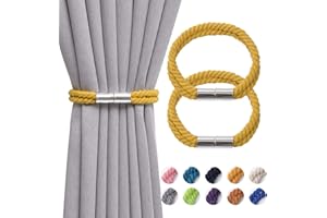 Pretty Jolly 2 Pack Strong Magnetic Curtain Tiebacks Boho Decoration Drape Tie Backs Natural Cotton Handmade Double Rope Curtain Holdbacks for Thin or Thick Home & Office Window Drapery (Yellow)