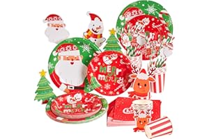 SUNBEAUTY 64 pcs Christmas Party Supplies Christmas Party Plates Red Tableware Set Christmas Plates Napkins Cups Stickers for Christmas New Year Holiday Dinner Party (Serves 16)