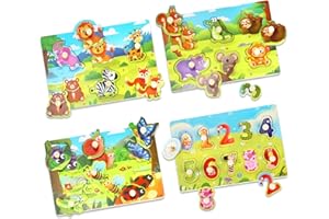 CVARRISE 4 Stück Kleinkind Puzzle Spielzeug Set, Montessori-Spielzeug mit Tierthema Griff Holzpuzzle, Kinderspielzeug Motorikspielzeug Steckpuzzle Lernspielzeug, Feinmotorik, Geschenke für 1 2 bis 3 Jahre alt