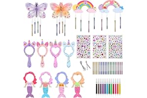 lompyeu 47 Pieces Unicorn Craft Set, Craft Set Children with Mini Wooden Princess Mirror, Butterfly Rainbow Birthday DIY Craft Decoration Gift Girls 4 5 6 7 8 Years
