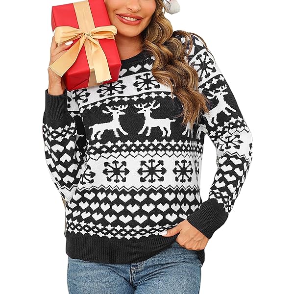 Litherday Dames Kersttrui Winter Gebreide Lange Mouwen Ronde Hals Zachte Trui met Kerstman en Sneeuwvlok Kerst Top, Rood, M