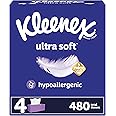 Kleenex Ultra Soft Facial Tissues, 4 Flat Boxes, 120 Tissues per Box, 3-Ply (480 Total Tissues), Packaging May Vary