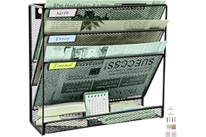 IOUGDSEC 4-poziomowy ulepszony siatkowy organizer na dokumenty z dolną płaską tacą, średniej siatki, pionowy wiszący organizer na dokumenty, regał na czasopisma, zestaw haczyków z etykietami w zestawie, czarny