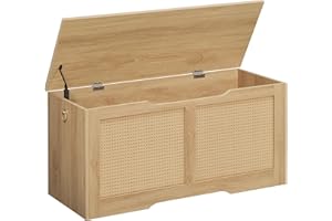 HOOBRO Skrzynie do siedzenia z przechowywaniem, skrzynia na zabawki z pokrywką, 100 cm, rattanowa skrzynia z zawiasami bezpieczeństwa