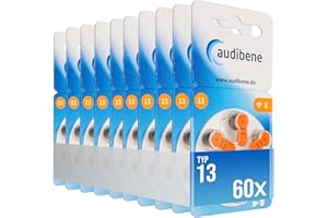 audibene Hörgerätebatterien Typ 13 orange, Batterien für Hörgeräte 60 Stück Vorratspack, Made in Germany, inkl. GRATIS Reinigungstuch, Wireless Approved, quecksilberfrei