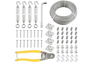 FOCENAT 50m Filo Acciaio Inox 3mm, 67 Pcs Kit Filo Stendibiancheria per Esterno 7x7 PVC Coated con 4 Tenditori, 20 Manicotti Alluminio, 4 Ganci Quadri, Tirante Cavo Acciaio per Tende, Filo per Stendere (3mm)