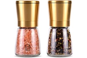 PJCKitchen Ensemble de Moulin à Poivres et Sel en Acier Inoxydable Doré – Salière et Poivrières avec Grosseur Réglable Or – Moulin à Poivre Noir et Moulin à Sel