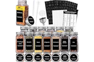 BATHOLA Gewürzgläser Eckig, Set von 25, 120ml Gewürzdosen, Gewürzbehälter mit 512 Schwarzem Etikett, Gewürzgläser mit Zubehör, Silber Deckel Gewürze Aufbewahrung