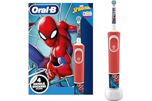Oral-B Kids - Cepillo de dientes eléctrico para niños, 1 cabezal, 4 pegatinas de Spiderman, 2 modos con modo sensible para niños, para mayores de 3 años, enchufe de 2 pines, color rojo
