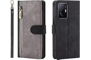 JEELAR NEINEI Funda para Xiaomi 11T/11T Pro 5G,Carcasa Libro de Cuero con [Soporte][Ranura para Tarjeta][Protección RFID],Diseño de Cremallera PU Billetera Flip Cover Case,Gris