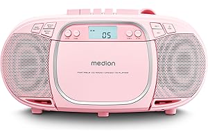 MEDION E66476 Sistema de Sonido estéreo (Boombox, Reproductor de CD, MP3, Casete, Reproductor de Casete portátil para niños, Radio FM, AUX, Auriculares, Toma de Corriente y batería) Rosa