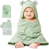 CuddleBug Baby Bath Cape with Hood, Cotton, Frog Sage Green | Absorbent terry cloth with mitten that dries fast to little one