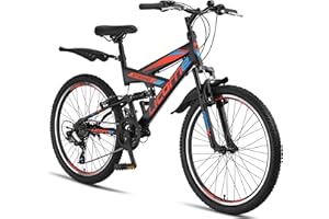 Licorne Bike Premium Mountain Bike Strong da 26 pollici, bicicletta per ragazzi, ragazze, donne e uomini, con cambio Shimano a 21 marce, sospensioni complete