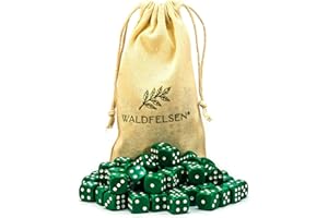 Waldfelsen Lot de 6, 12, 20, 30 ou 50 dés de haute qualité de taille standard de 16 mm en acrylique - Cube de jeu Dice 6 côtés à six côtés - Accessoires de jeu avec sac en tissu (vert, 50 pièces)