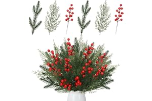 ASTNIC Rametti di Pino per Decorazioni, 40 Pezzi Rami Abete con Bacche Rosse Rami Natalizi, Rami di Pino Artificiale di Natale per Natale Decorazioni, Oggetti Decorativi per la Casa, Vasi Decorativi