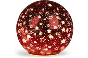 formano LED Deko-Kugel 15 cm Sterne Rot Glaskugel Timer 6h/18h beleuchtete Deko - inkl. 3 AA Batterien - glänzende Crackle-Optik - Herbst Winter Weihnachtsdeko für Tisch Regal Fensterbank