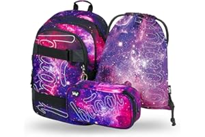 Baagl Schulrucksack Set Jungen Mädchen 3 Teilig, Schultasche ab 3. Klasse, Grundschule Ranzen mit Brustgurt, Ergonomischer Schulranzen