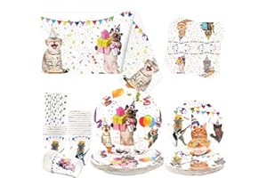 Obussgar Katzenparty-Dekoration – Katzenparty-Geschirrset mit Tellern, Bechern, Servietten, Tischdecken und Strohhalmen – für 20 Personen(Katzen)