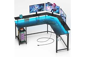 ‎ROLANSTAR Rolanstar Schreibtisch L Form mit RGB-LED & Steckdosen, 117 cm Computertisch mit Monitorständer & Ablagefläche, Reversibler Eckschreibtisch mit 2 Haken, perfekt für Arbeitszimmer Schlafzimmer Büro
