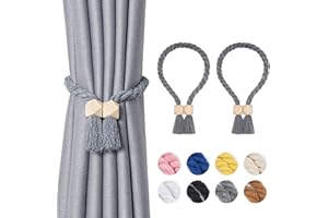 Pretty Jolly Polyeder magnetische Vorhang-Raffhalter aus Holz, Boho-Dekoration, Raffhalter, natürliche Baumwolle, handgewebt, für Fenstervorhänge für Zuhause und Büro, Grau, 2 Stück