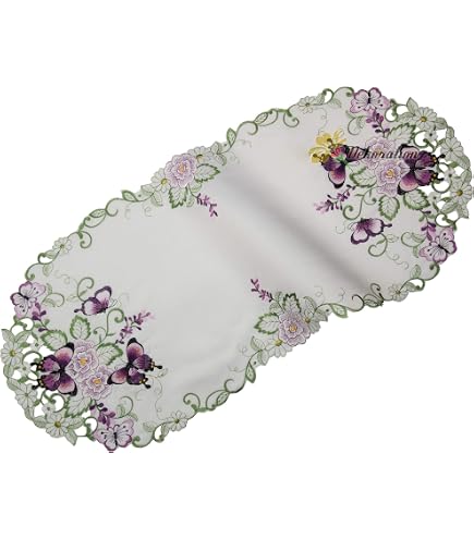 Tischläufer 40x90 Cm Oval – Lila Schmetterlinge & Blumen Stickerei Auf Weißem Polyester